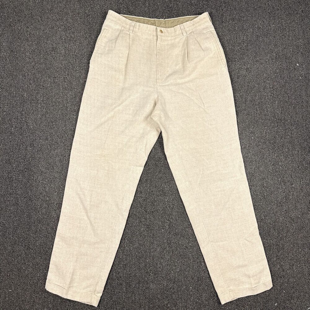 Savane Mens Beige Linen Blend Pleated Trousers Khaki Size 32x32